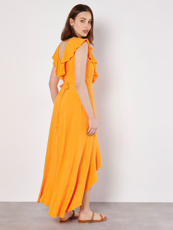 Ruffle Wrap Linen Blend Midi Dress, Orange, large