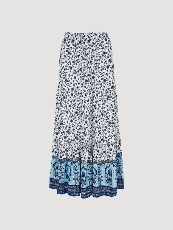 Sarasa Floral Tiered Maxi Skirt, Cream, large