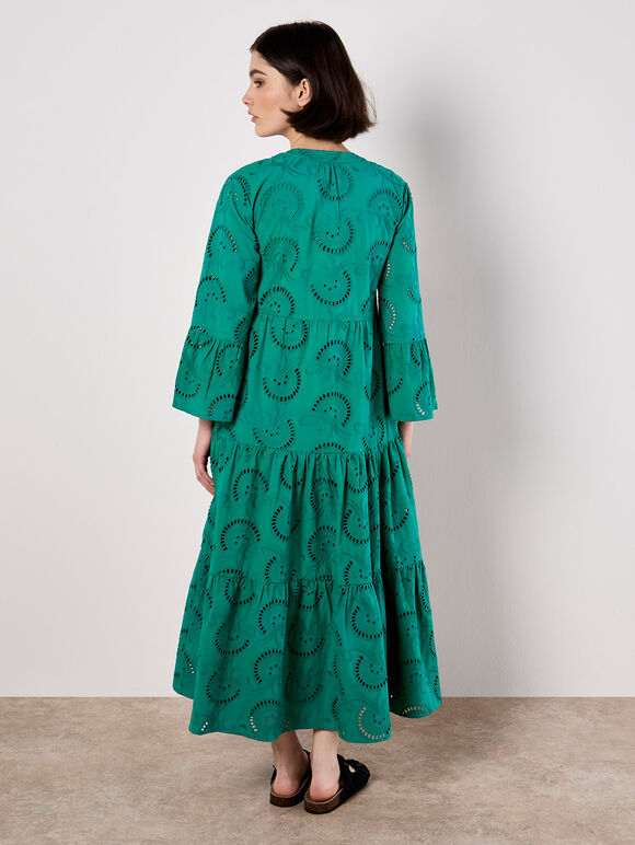 Broderie Tiered Midi Dress, Green, large