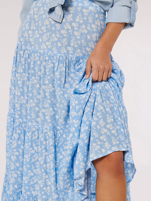 Floral Crepe Tiered Maxi, Blue, large