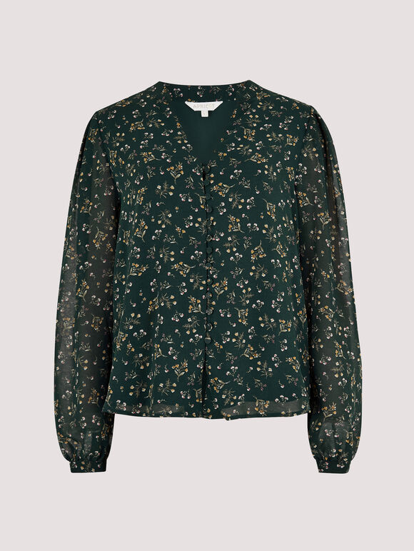 Ditsy Floral Chiffon Blouse, Green, large