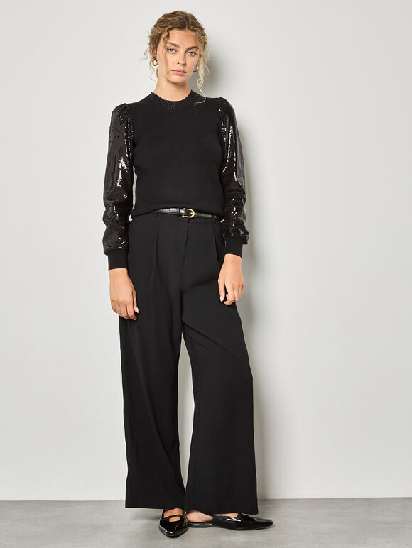 Sequin Arm Ribbed Knit Jumper, Black, large
