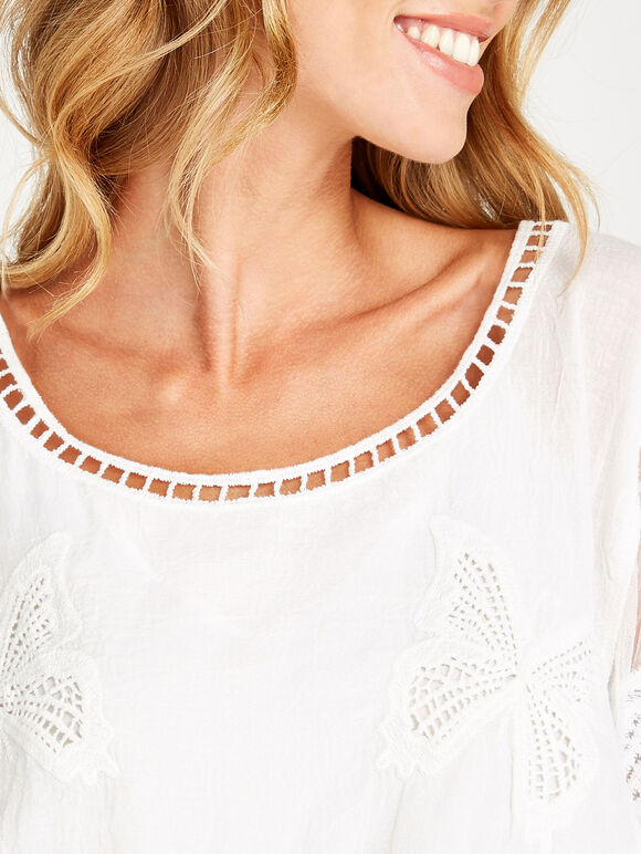 Cream Butterfly Embroidered Mesh Top, Cream, large