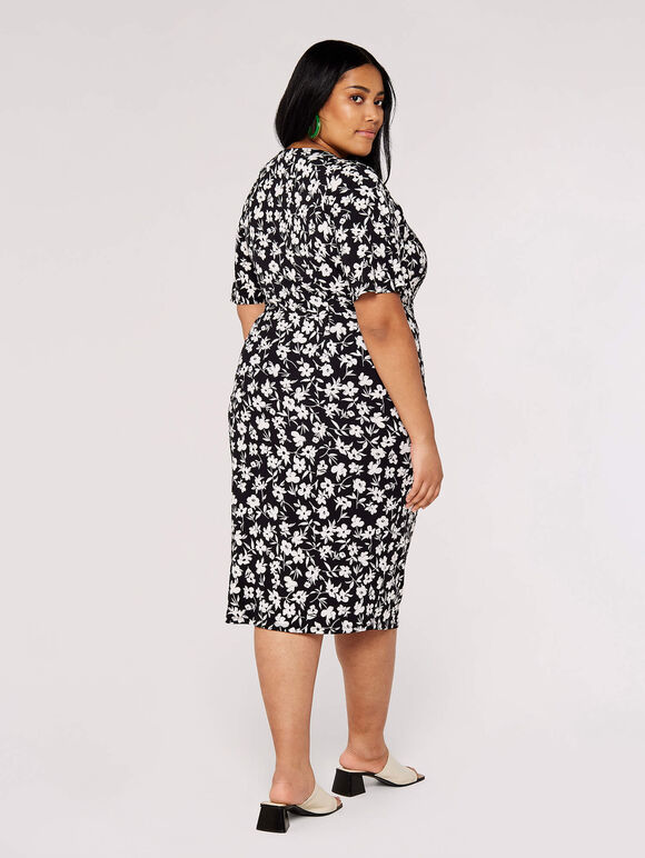 Curve Floral Ruched Midi Dress, Black, large