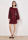 Chevron Sequin Belted Mini Dress, Burgundy, large