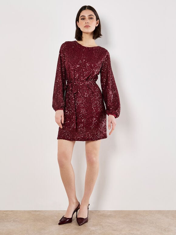Chevron Sequin Belted Mini Dress, Burgundy, large