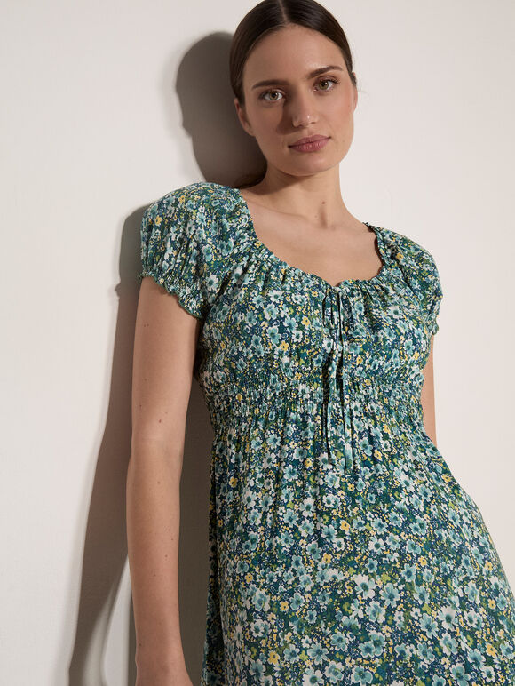 Watercolour Floral Milkmaid Midi Dress, Aqua - Turquoise, large