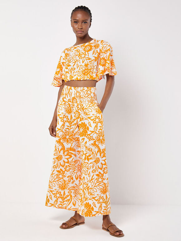 Cotton Floral Print Palazzo Trousers, Orange, large