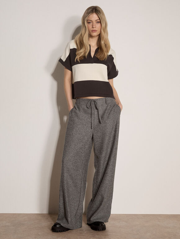 Boxy Cropped Stripe Knit T-Shirt, Grey, large