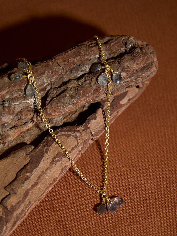 Gold Tone Beaded Stone Necklace, Gold, large