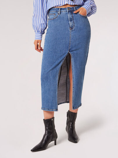 Split Hem Denim Midi Skirt