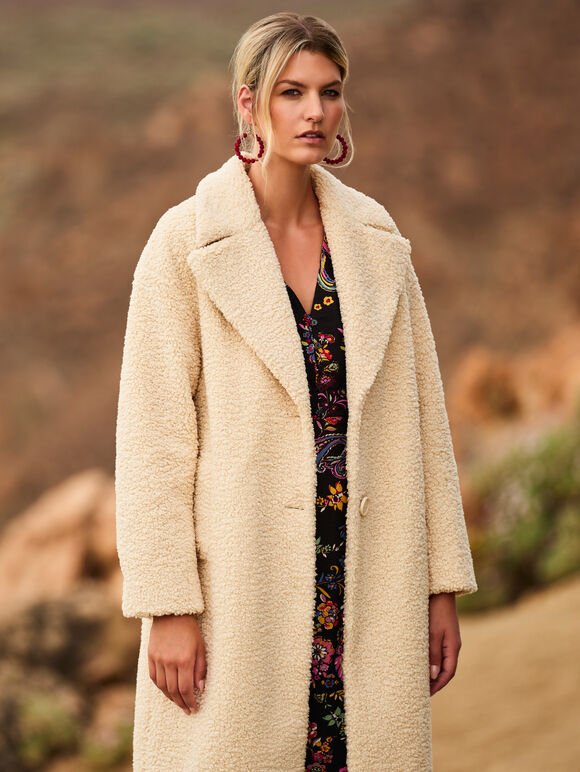 Longline Borg Teddy Coat, Stone, large