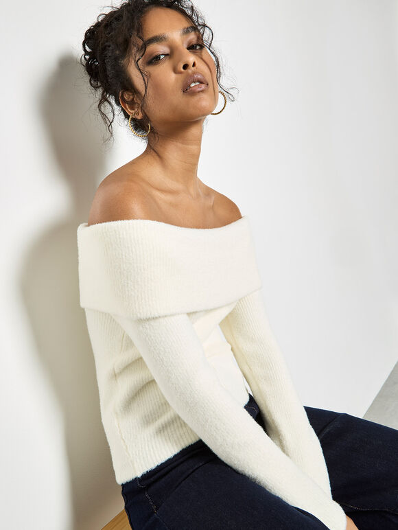 Fluffy Bardot Jumper, Cream, large