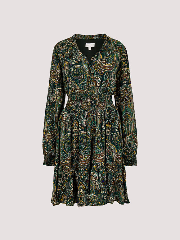 Paisley Print Ruffle Mini Dress, Green, large