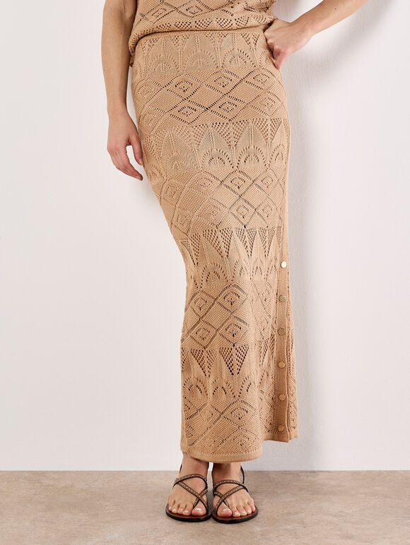 Pointelle Knit Maxi Skirt, Stone, large