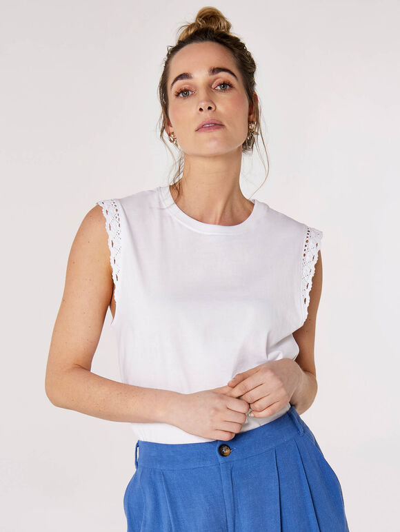 Crochet Sleeve Cotton Jersey T-Shirt, White, large