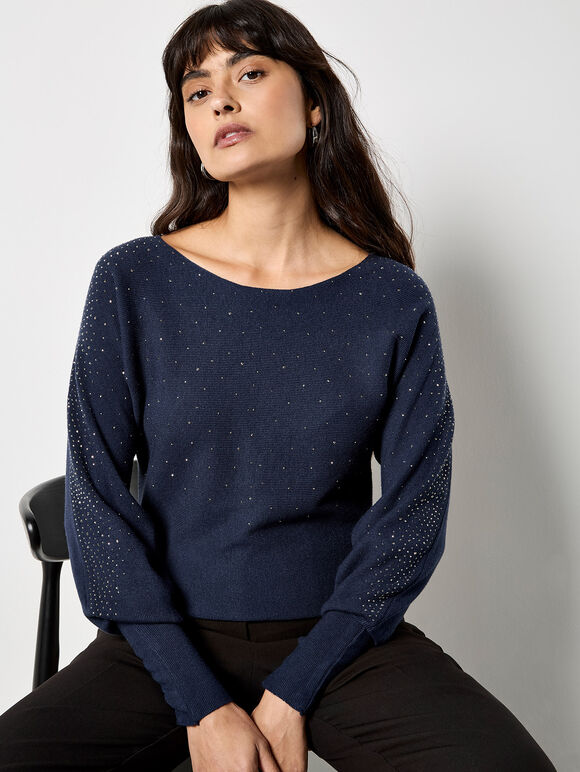 Diamante Ribbed Batwing Jumper, Navy, large