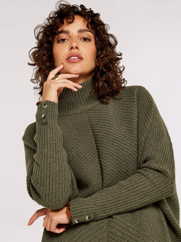 High-Low Mock Neck Chunky Jumper, Khaki, large