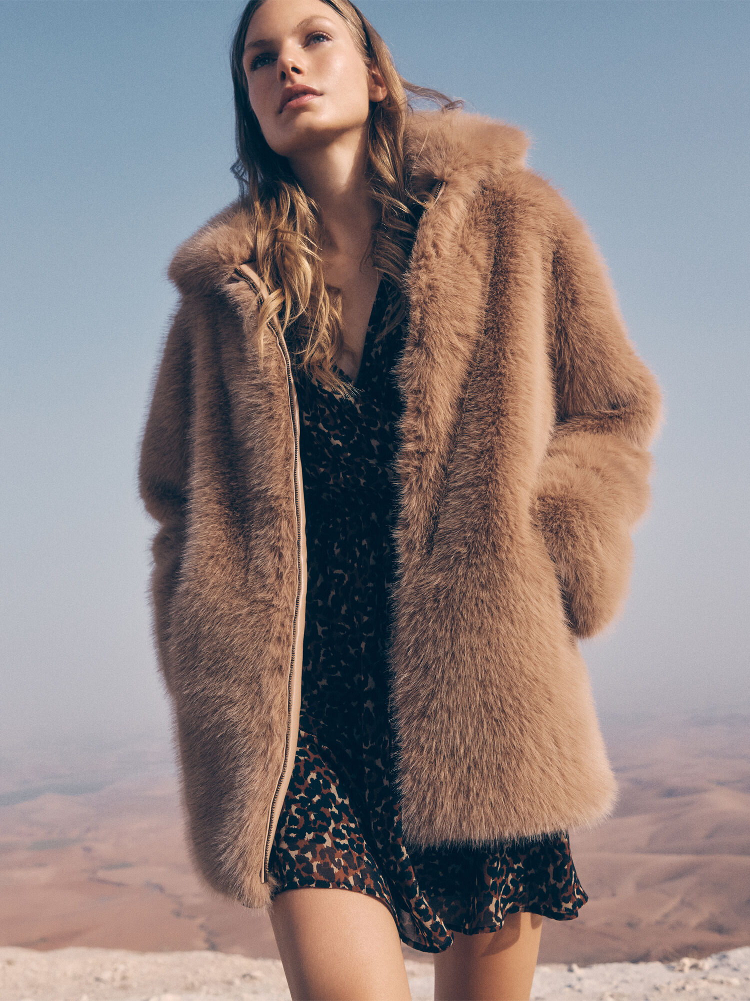 Soft Faux Fur Zipped Jacket Apricot Clothing