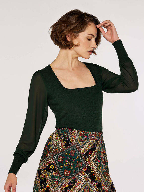 Chiffon Sleeve Knitted Jumper, Green, large