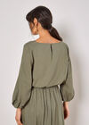 Linen Blend Bubble Hem Crop Top, Khaki, large
