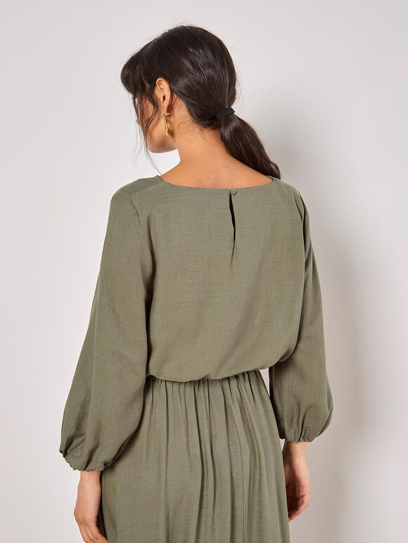 Linen Blend Bubble Hem Crop Top, Khaki, large