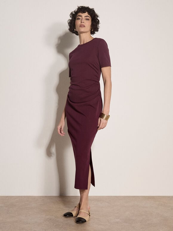 Cotton Ruched T-Shirt Maxi Dress, Burgundy, large