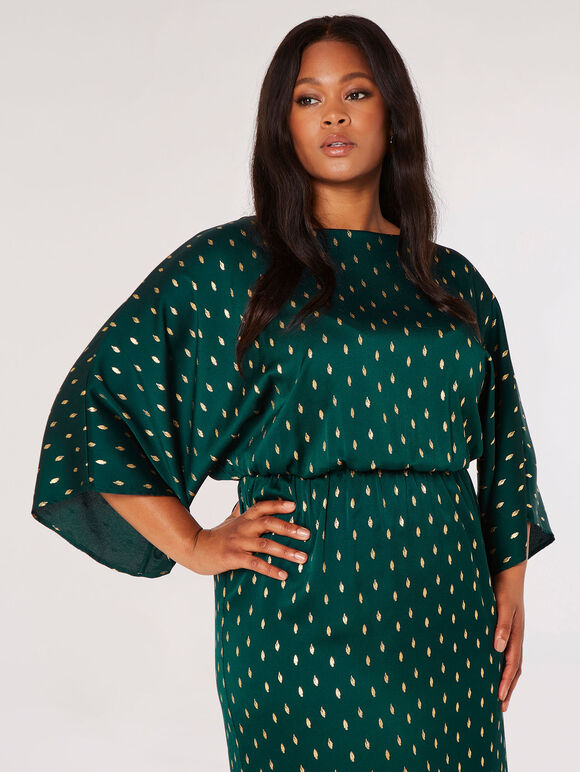 Curve Gold Foil Satin Midi Dress, Green, large