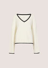 Cable Knit Tipped Cricket Jumper, White, large