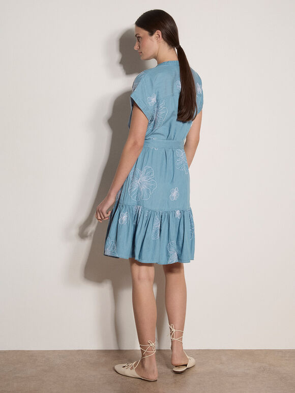 Crochet Detail Denim Shift Mini Dress, Blue, large