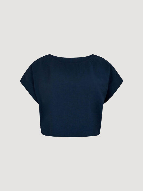 Woven Boxy Crop Top, Navy, large