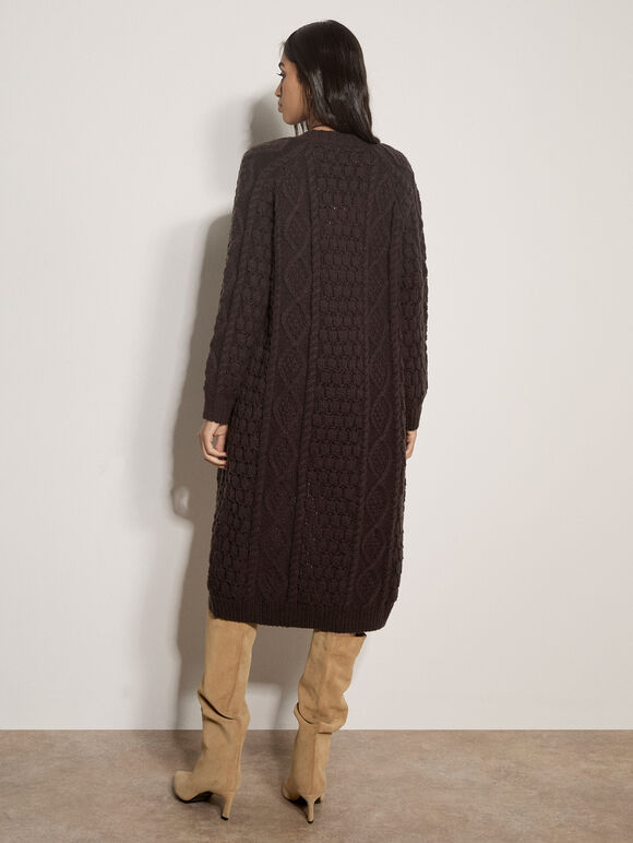 Chunky Cable Knit Longline Cardigan, Brown, large