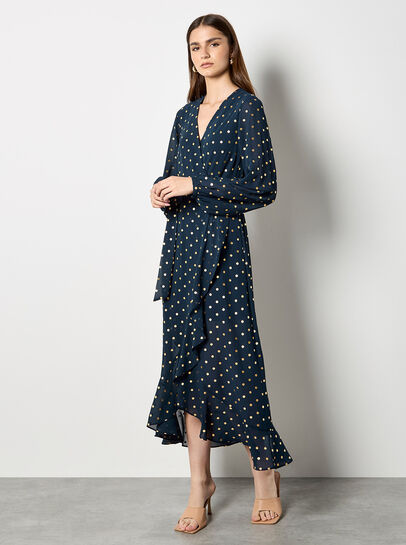 Gold Foil Polka Dot Chiffon Maxi Dress