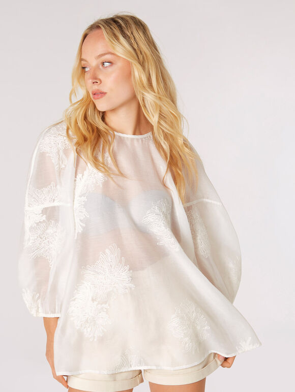 Floral Embroidered Organza Blouse, Cream, large