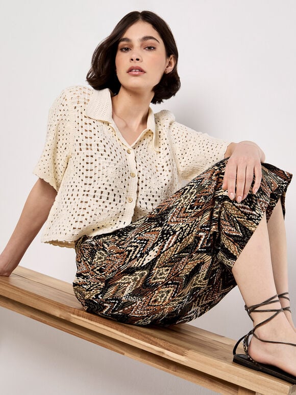 Chevron Print Culotte Trousers, Khaki, large