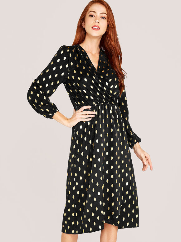 Metallic Gold Spot Midi Dress, Black, large