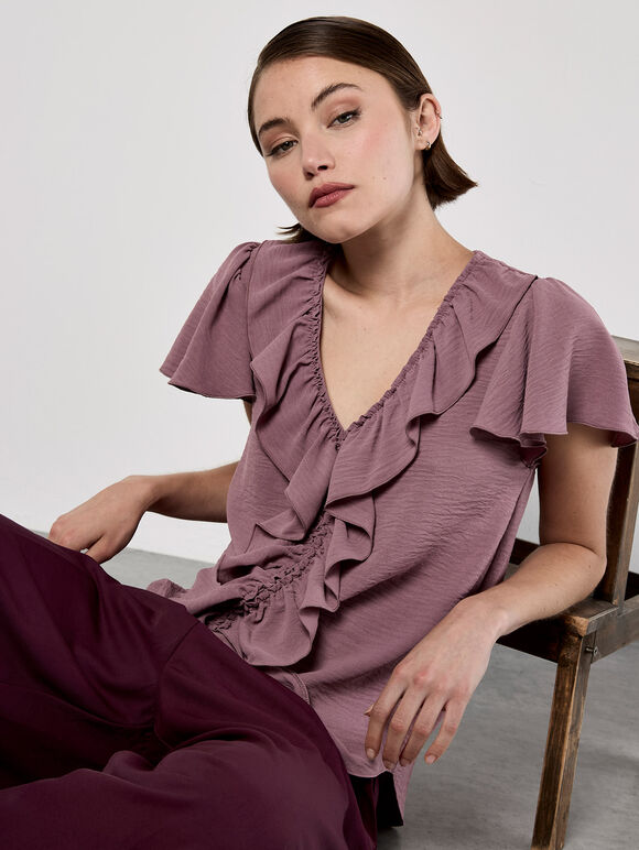 Ruffle Front Woven Top, Pink, large