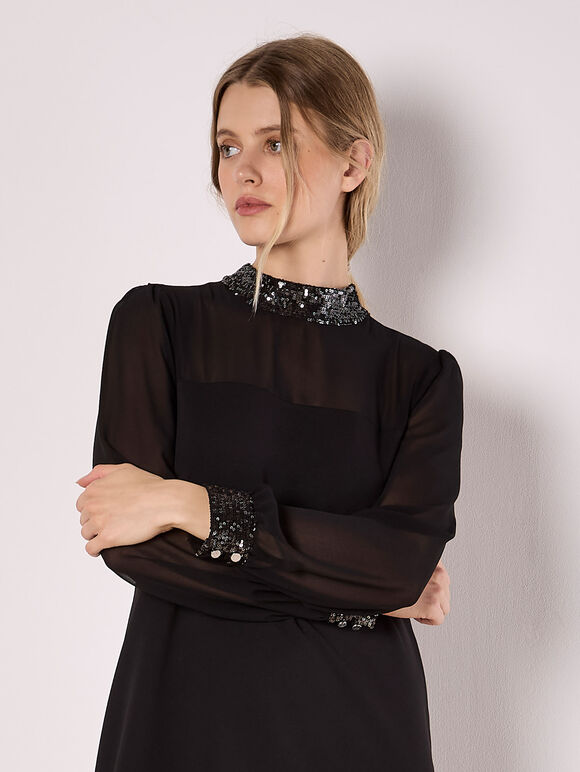 Sequin Trim Shift Mini Dress, Black, large