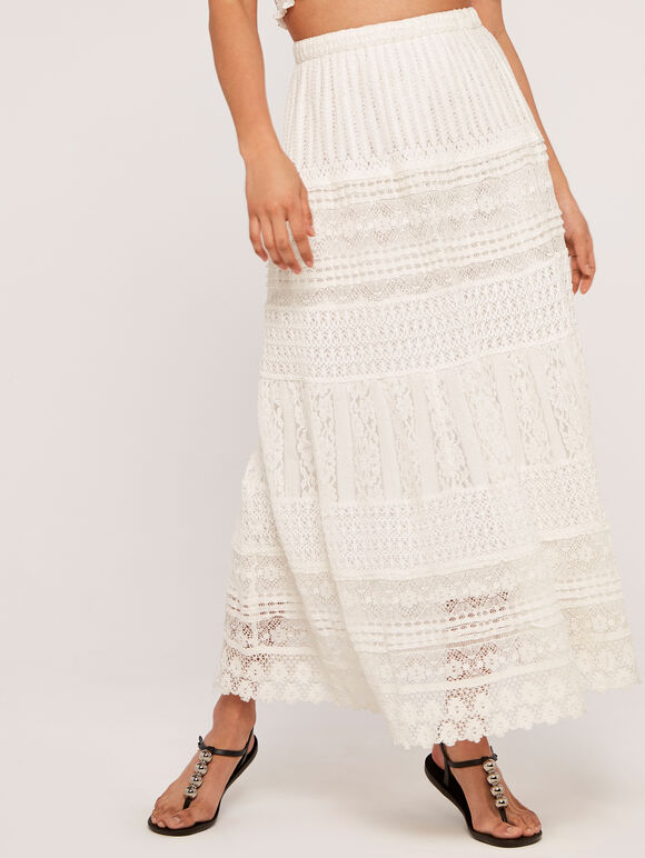 Lace Crochet Skirt, White, large