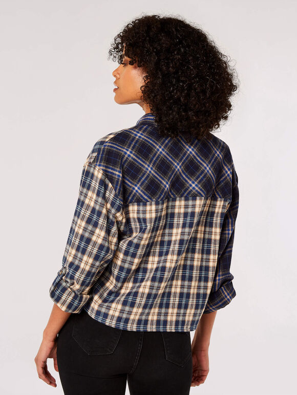 Contrast Check Boxy Shirt, Navy, large