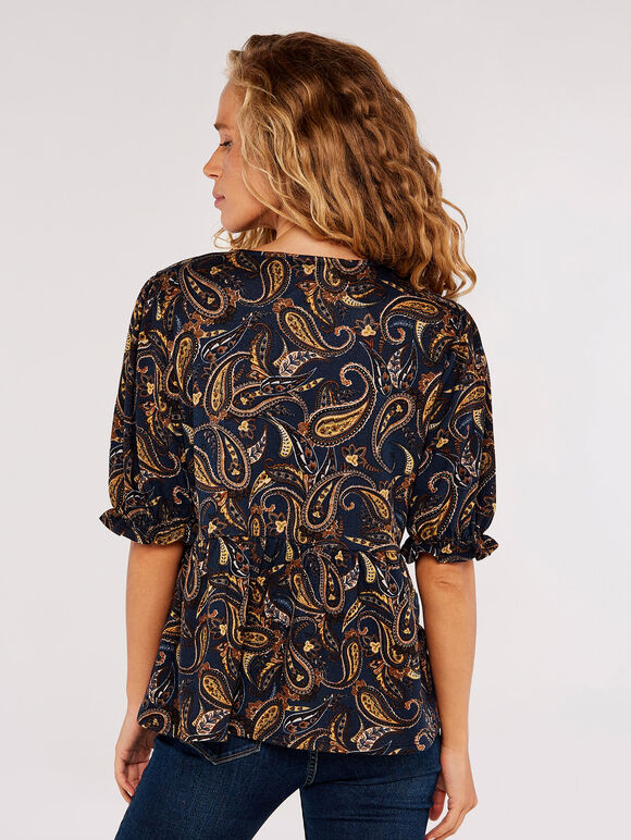 Paisley Billow Sleeve Top, Navy, large