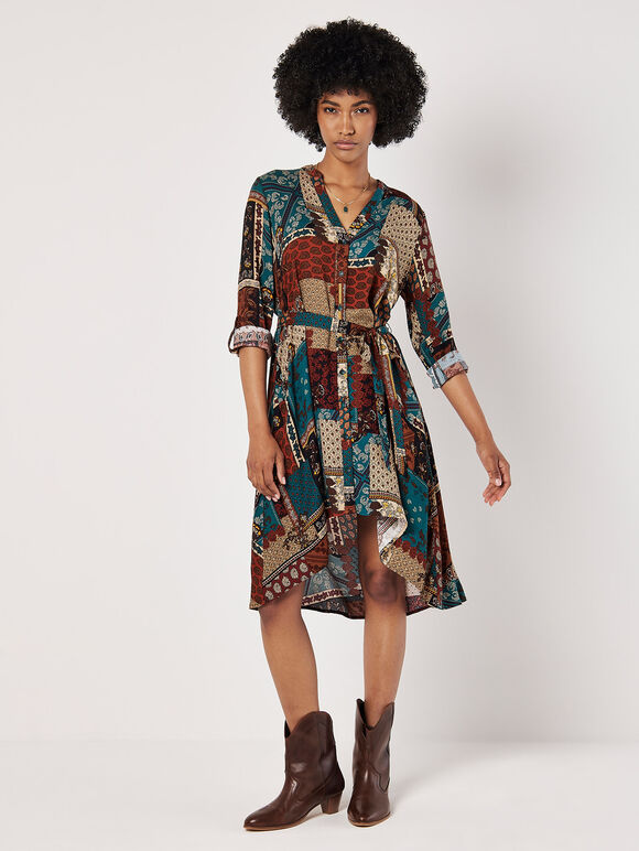 Patchwork Paisley Shirt Mini Dress, Rust, large