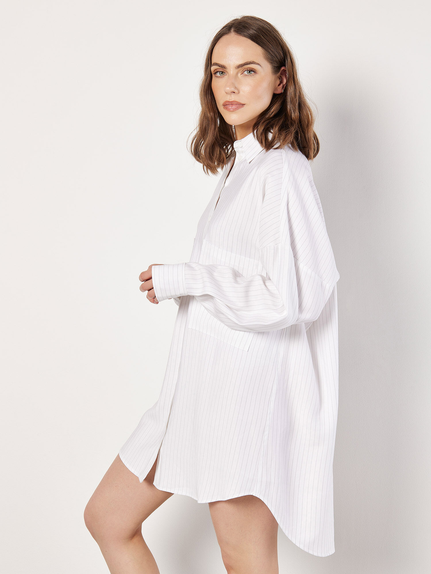Pinstripe Oversized Shirt Mini Dress Apricot Clothing