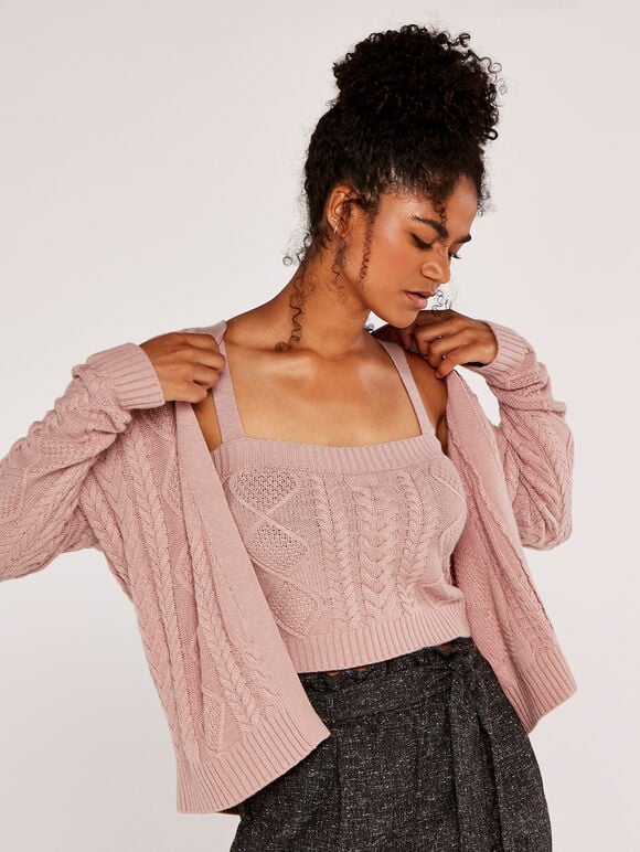 Cable Knit Cardigan, Pink, large