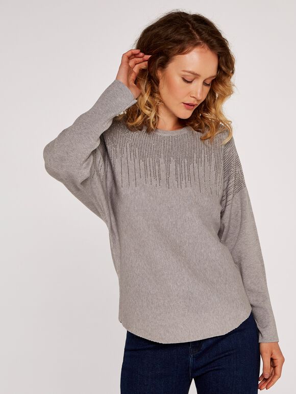 Stud Embellished Batwing Jumper, Grey, large