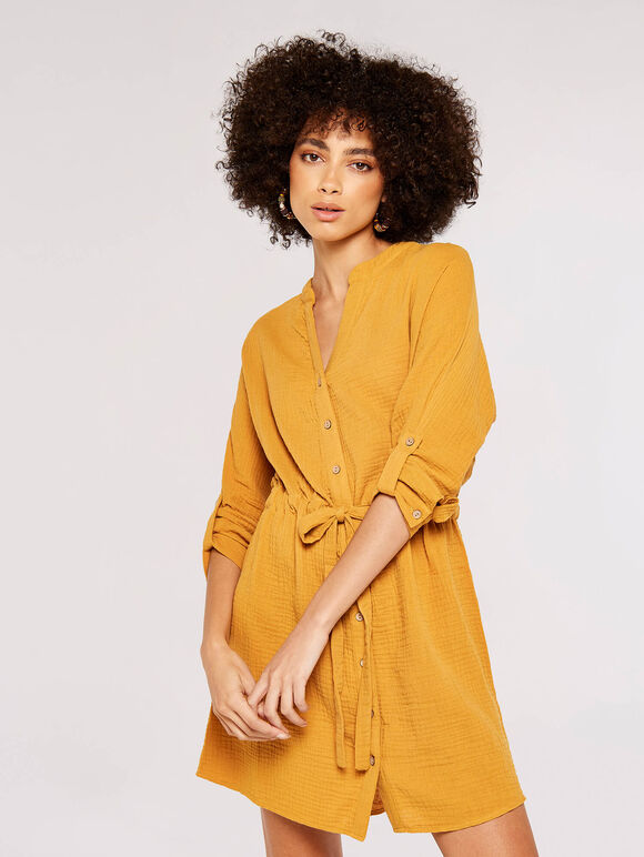 Tetra-Tie Mini Shirt Dress, Mustard, large