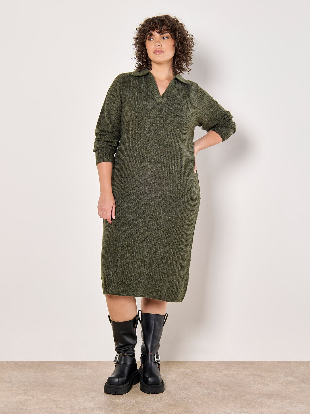 Image of Curve Open Collar Knitted Midi Dress