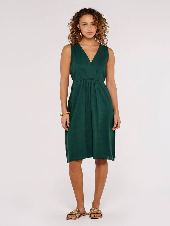 Linen Blend Wrap Mini Dress, Green, large