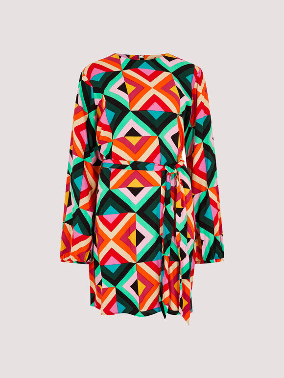 Retro Geometric Belted Mini Dress, Aqua - Turquoise, large