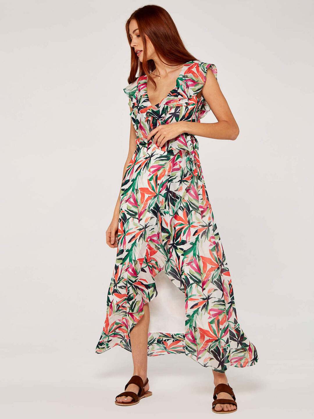 Image of Palm Print Ruffle Wrap Midi Dress
